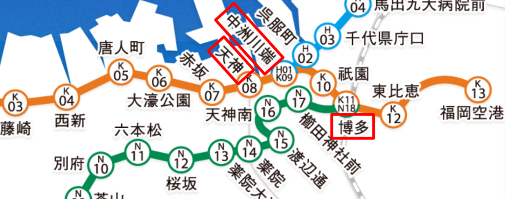 福岡市地下鉄路線図（博多・中洲川端・天神の位置関係）